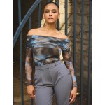 Ruched Off-The-Shoulder Printed Mesh Top