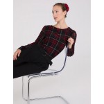 Plaid Long Chiffon Sleeve Boat Neck Top