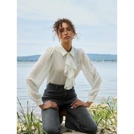 Dot Print Ruffle Button-Front Blouse