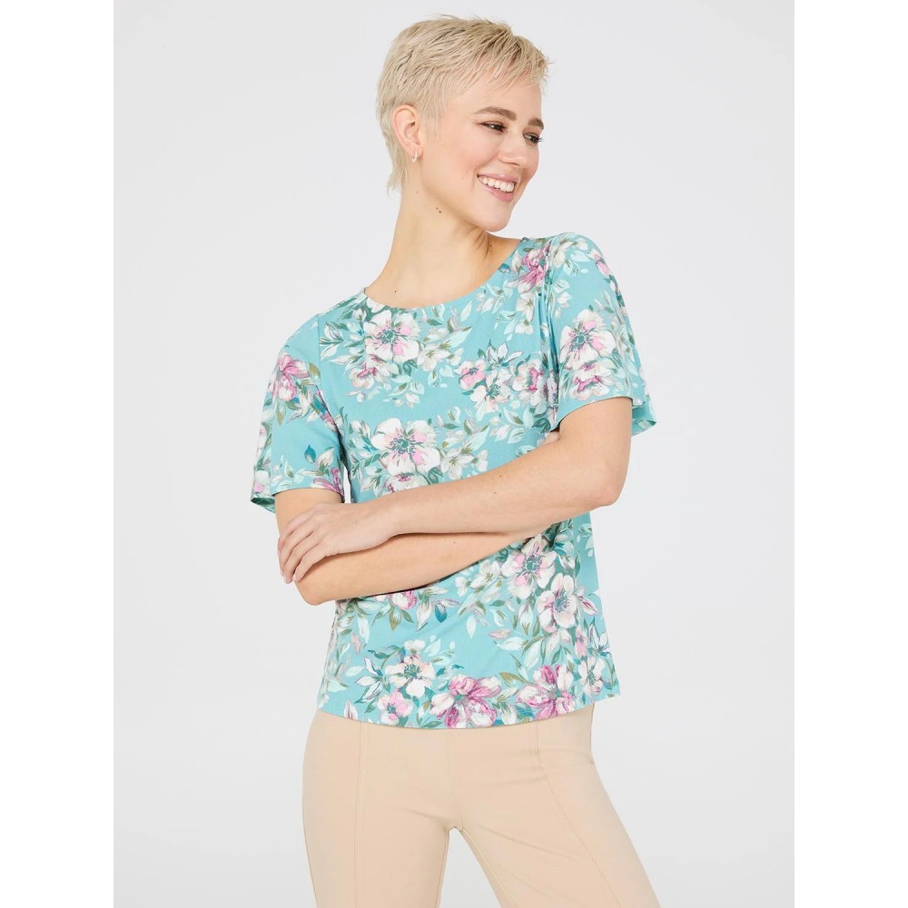 Floral Print Flutter Sleeve Boat Neck Top