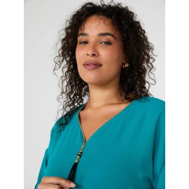 Print Zip Front V-Neck Top