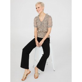 Printed Textured V-Neck Top With Smocked Bottom Band