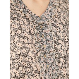 Printed Textured V-Neck Top With Smocked Bottom Band
