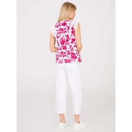 Watercolour Floral Print Top With Eyelet Ruffle Sleeves