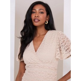 Lace Cross-Front Top With Flutter Sleeves