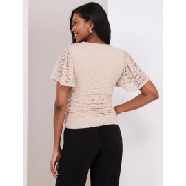 Lace Cross-Front Top With Flutter Sleeves