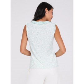 Sleeveless Floral Print V-Neck Top With Ruffle Details