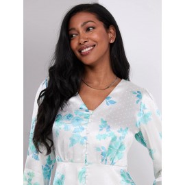 Floral Print Satin Button-Front Peplum Blouse