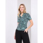 Leaf Print Button-Front Short Sleeve Blouse