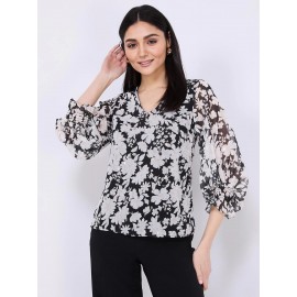 Floral Print Chiffon V-Neck Popover Blouse