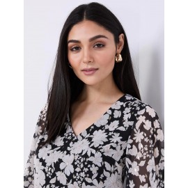 Floral Print Chiffon V-Neck Popover Blouse