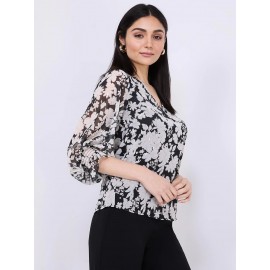 Floral Print Chiffon V-Neck Popover Blouse