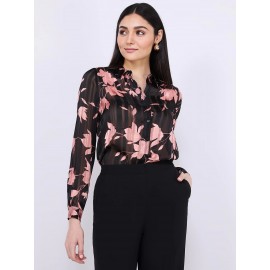 Floral Print Shadow Stripe Button-Front Blouse