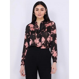 Floral Print Shadow Stripe Button-Front Blouse