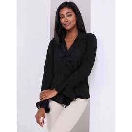Textured Button-Front Blouse With Ruffle Details