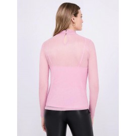 Crinkle Mesh Top With Metallic Mock Neck