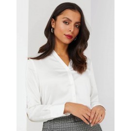 Satin Split Neck Button-Front Blouse
