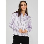 Waisted Striped Satin Button-Front Blouse
