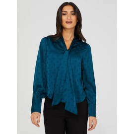 Polka Dot Button-Front Bow Blouse