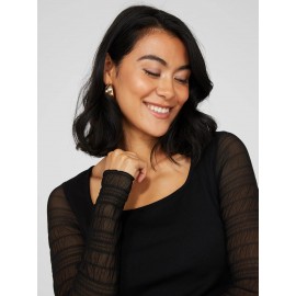 Textured Crepe Scoop Neck Top With Smocked Mesh Sleeves