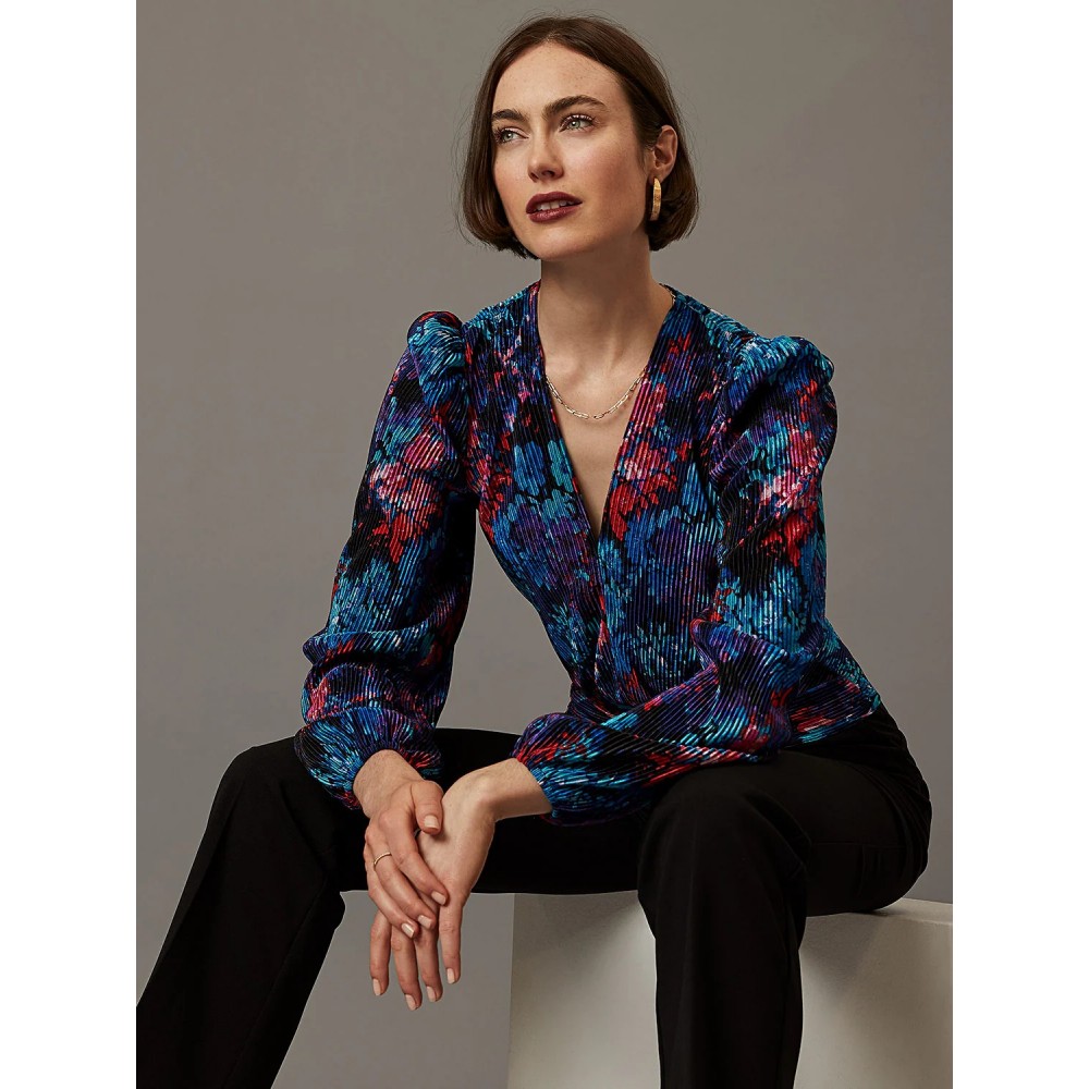 Floral Print V-Neck Plisse Long Sleeve Top