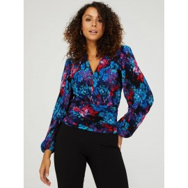 Floral Print V-Neck Plisse Long Sleeve Top