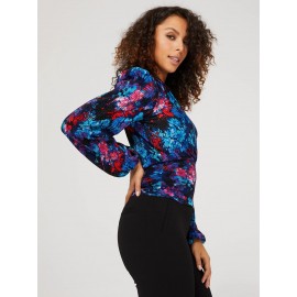 Floral Print V-Neck Plisse Long Sleeve Top