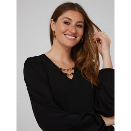 Textured Crepe Long Sleeve Top With Metal Chain Detail