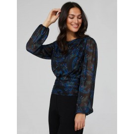 Paisley Print Mesh Top With Pleated Bottom Band
