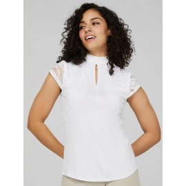 Keyhole Mock Neck Top With Lace Detail