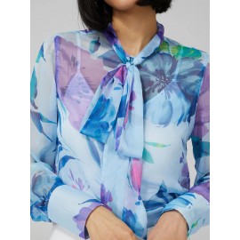 Floral Print Chiffon Blouse With Neck Tie