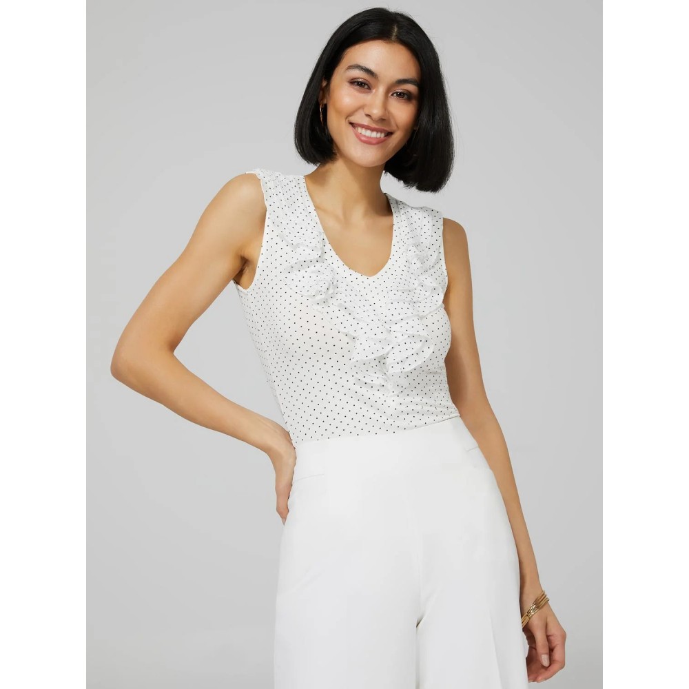 Polka Dot Sleeveless Top With Chiffon Ruffle Detail