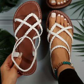 Women's Flat Braided Sandals - Comfortable Open Toe Slip On Shoes for Summer Beach Wear